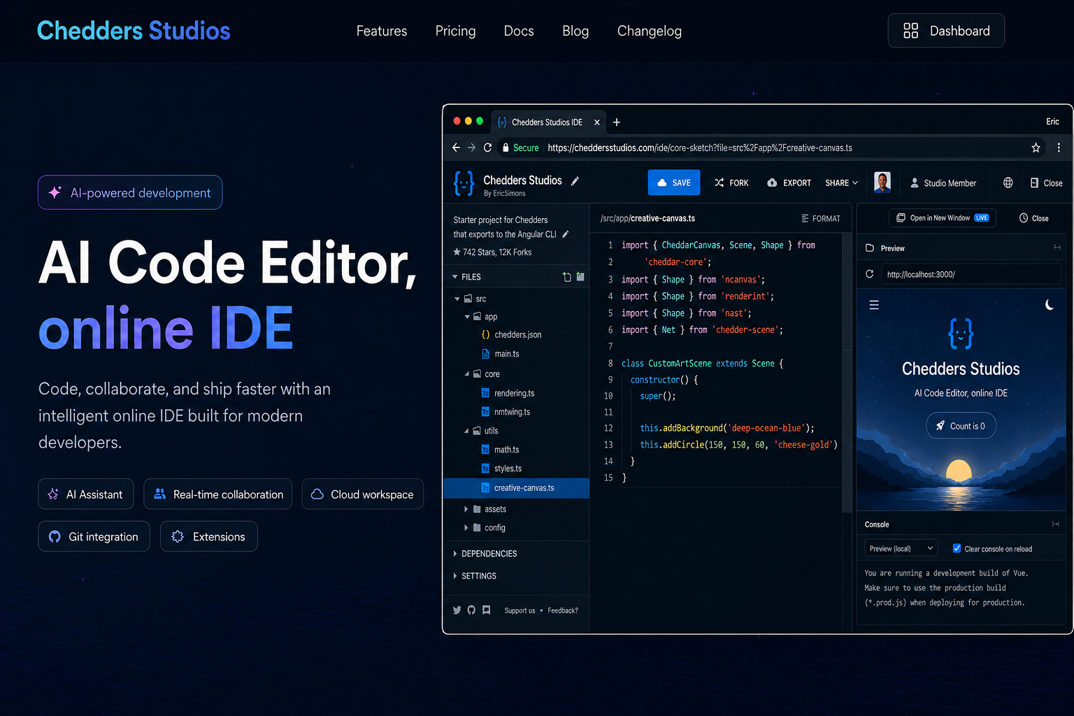 Chedders Studios IDE — AI code editor interface showing file tree, syntax-highlighted code, and live preview pane side by side